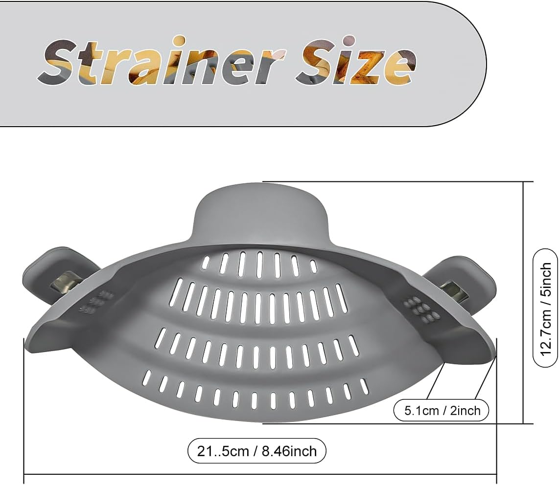 Clip on Strainer for Pots Pans, Silicone Clip-On Colander Pasta Strainer Heat Resistant Food Strainer Kitchen Gadgets for Meat Vegetables Fruit Noodles, Essential Home Cooking Tools - Gray