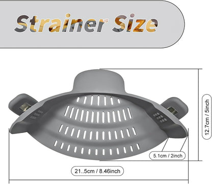 Clip on Strainer for Pots Pans, Silicone Clip-On Colander Pasta Strainer Heat Resistant Food Strainer Kitchen Gadgets for Meat Vegetables Fruit Noodles, Essential Home Cooking Tools - Gray