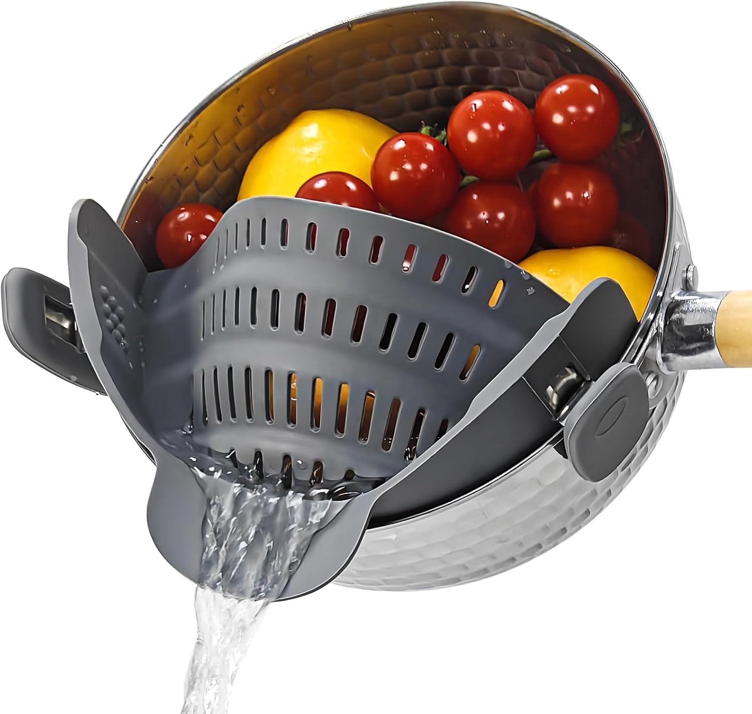Clip on Strainer for Pots Pans, Silicone Clip-On Colander Pasta Strainer Heat Resistant Food Strainer Kitchen Gadgets for Meat Vegetables Fruit Noodles, Essential Home Cooking Tools - Gray