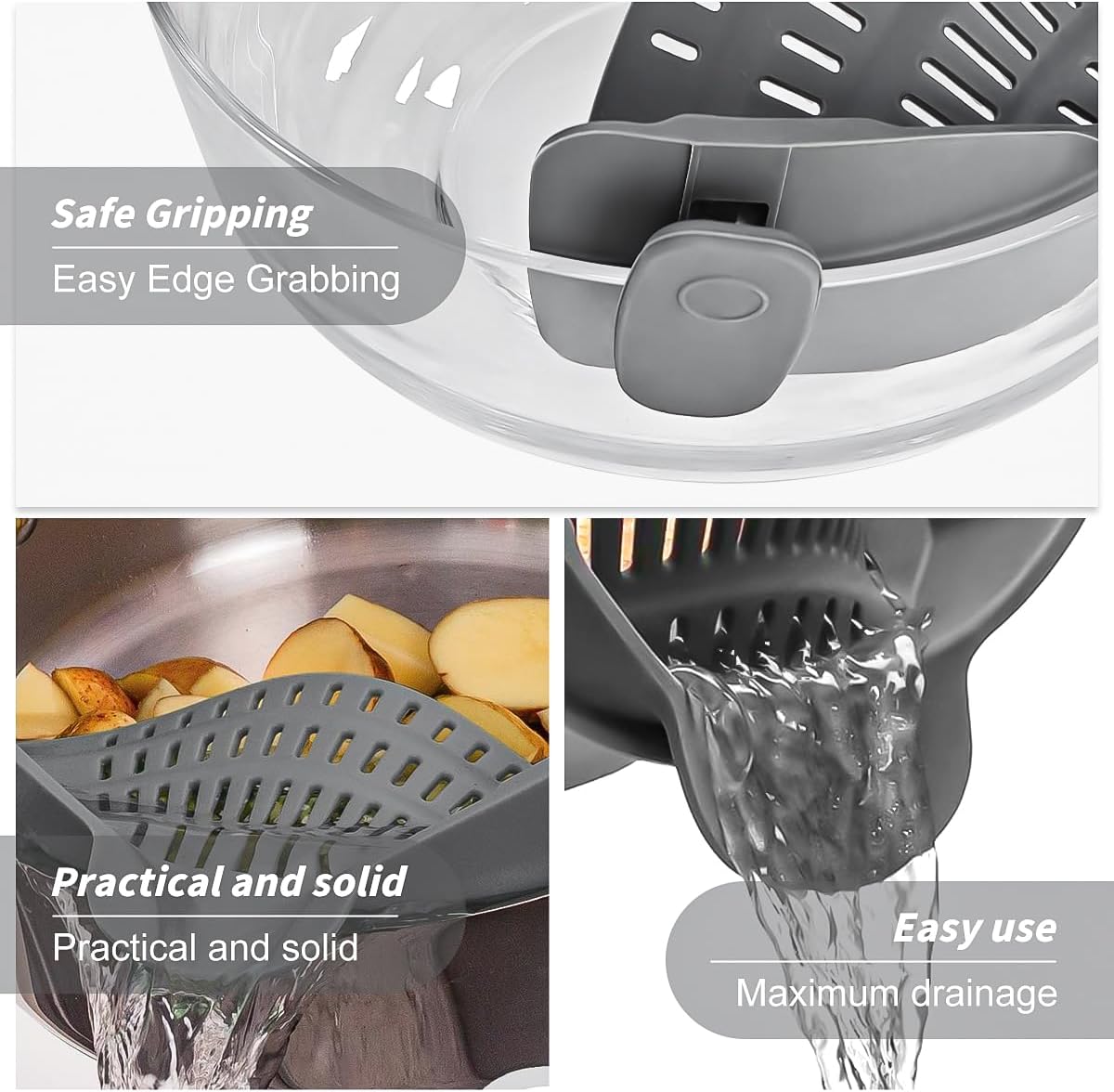 Clip on Strainer for Pots Pans, Silicone Clip-On Colander Pasta Strainer Heat Resistant Food Strainer Kitchen Gadgets for Meat Vegetables Fruit Noodles, Essential Home Cooking Tools - Gray