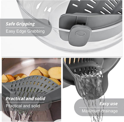 Clip on Strainer for Pots Pans, Silicone Clip-On Colander Pasta Strainer Heat Resistant Food Strainer Kitchen Gadgets for Meat Vegetables Fruit Noodles, Essential Home Cooking Tools - Gray