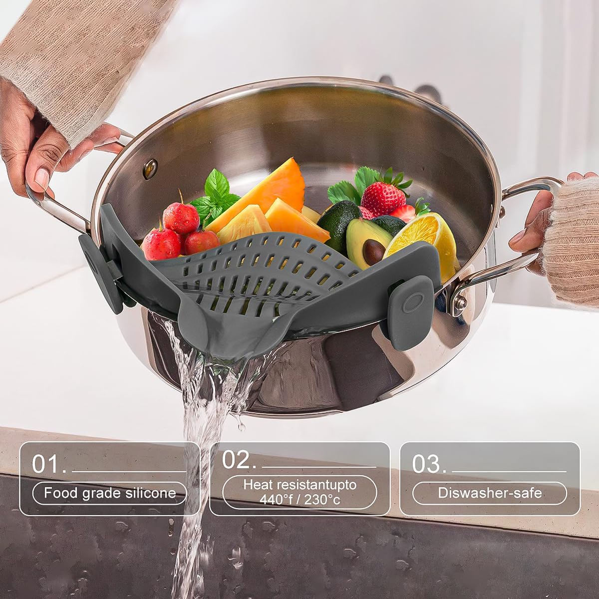 Clip on Strainer for Pots Pans, Silicone Clip-On Colander Pasta Strainer Heat Resistant Food Strainer Kitchen Gadgets for Meat Vegetables Fruit Noodles, Essential Home Cooking Tools - Gray